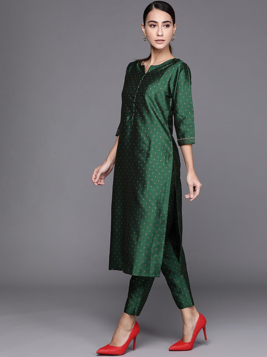 Green Self Design Art Silk Suit Set