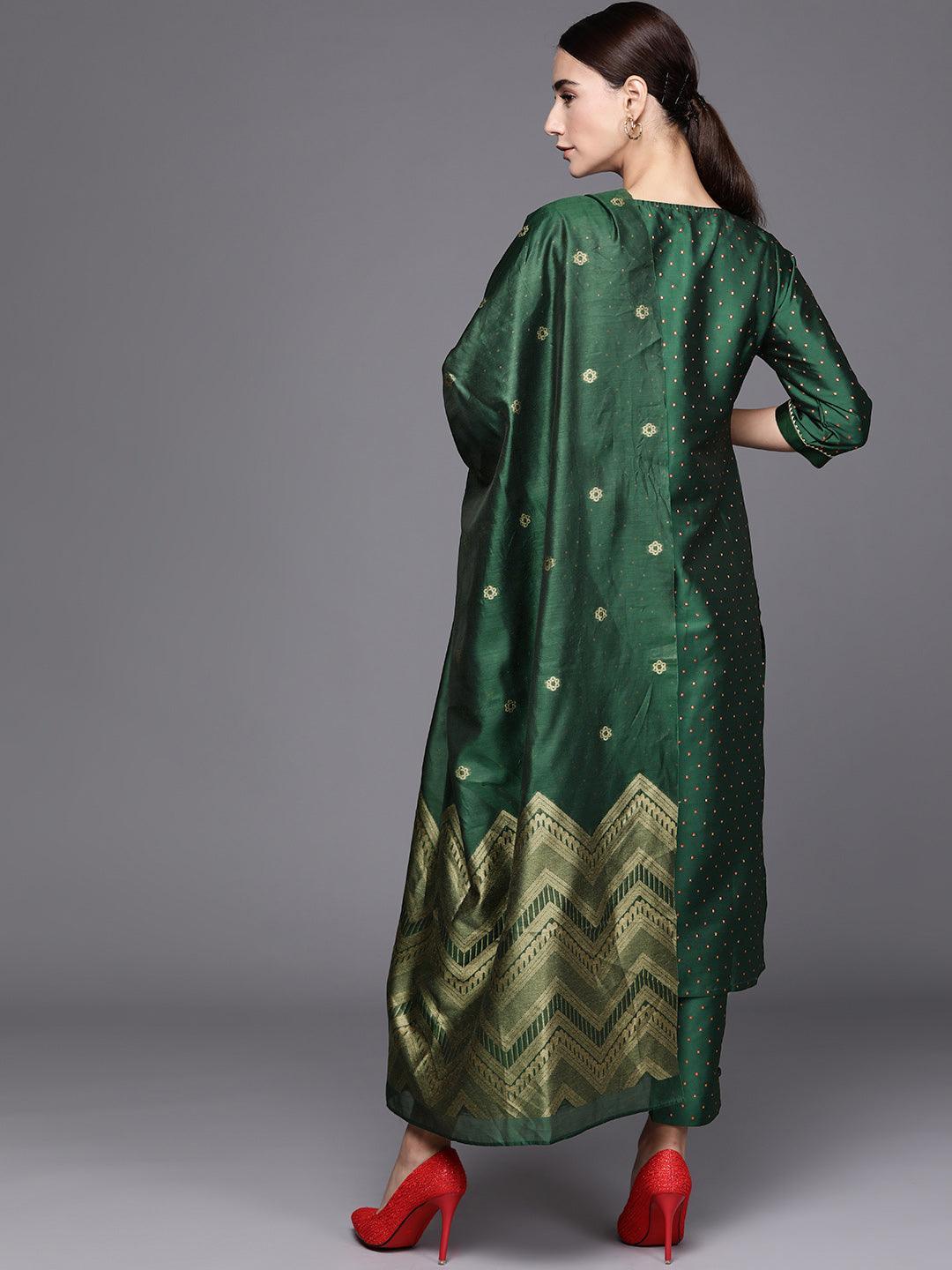 Green Self Design Art Silk Suit Set - ShopLibas