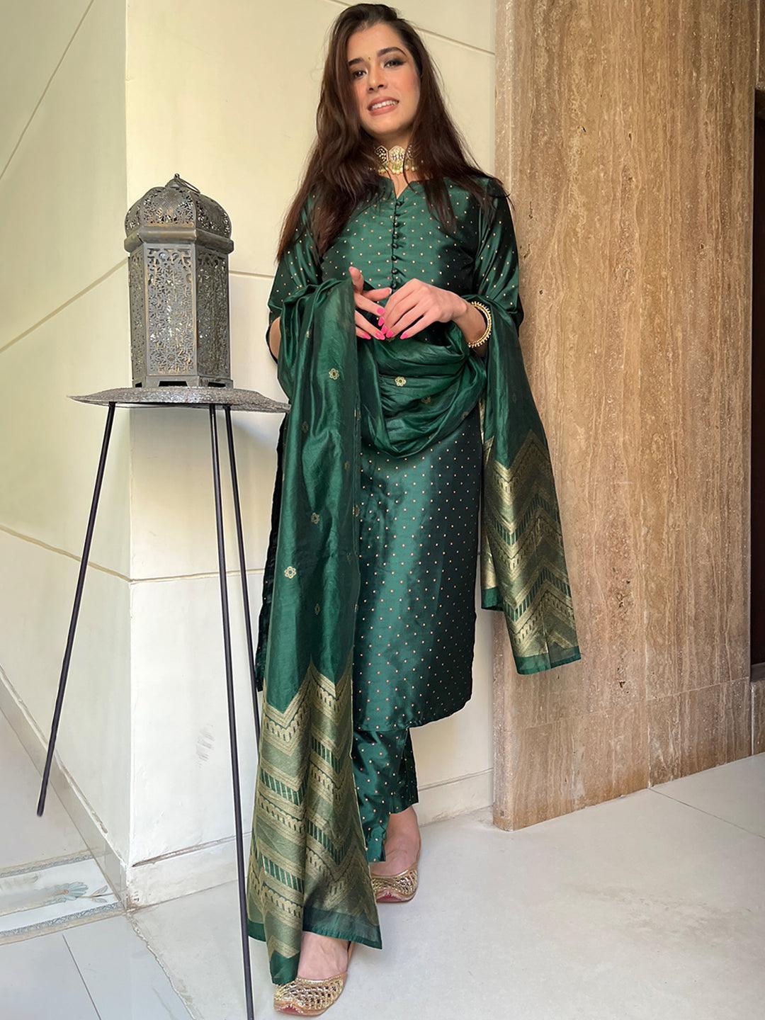 Green Self Design Art Silk Suit Set - ShopLibas