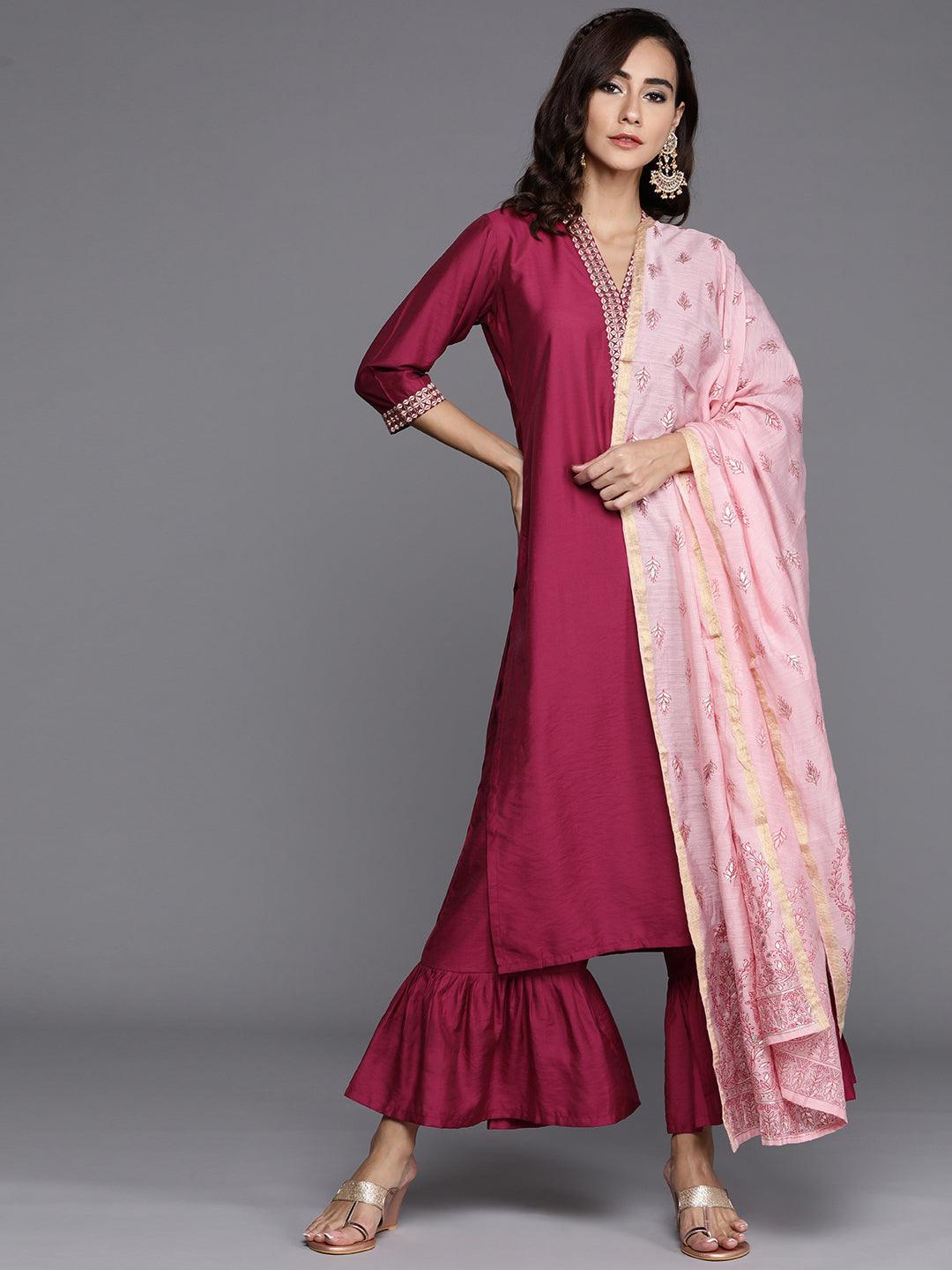 Magenta Solid Chanderi Silk Suit Set - ShopLibas