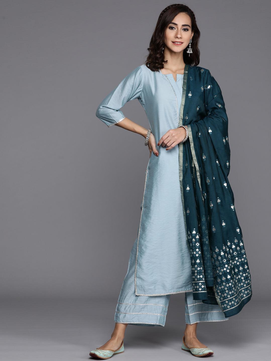 Grey Solid Silk Blend Straight Kurta With Palazzos & Dupatta