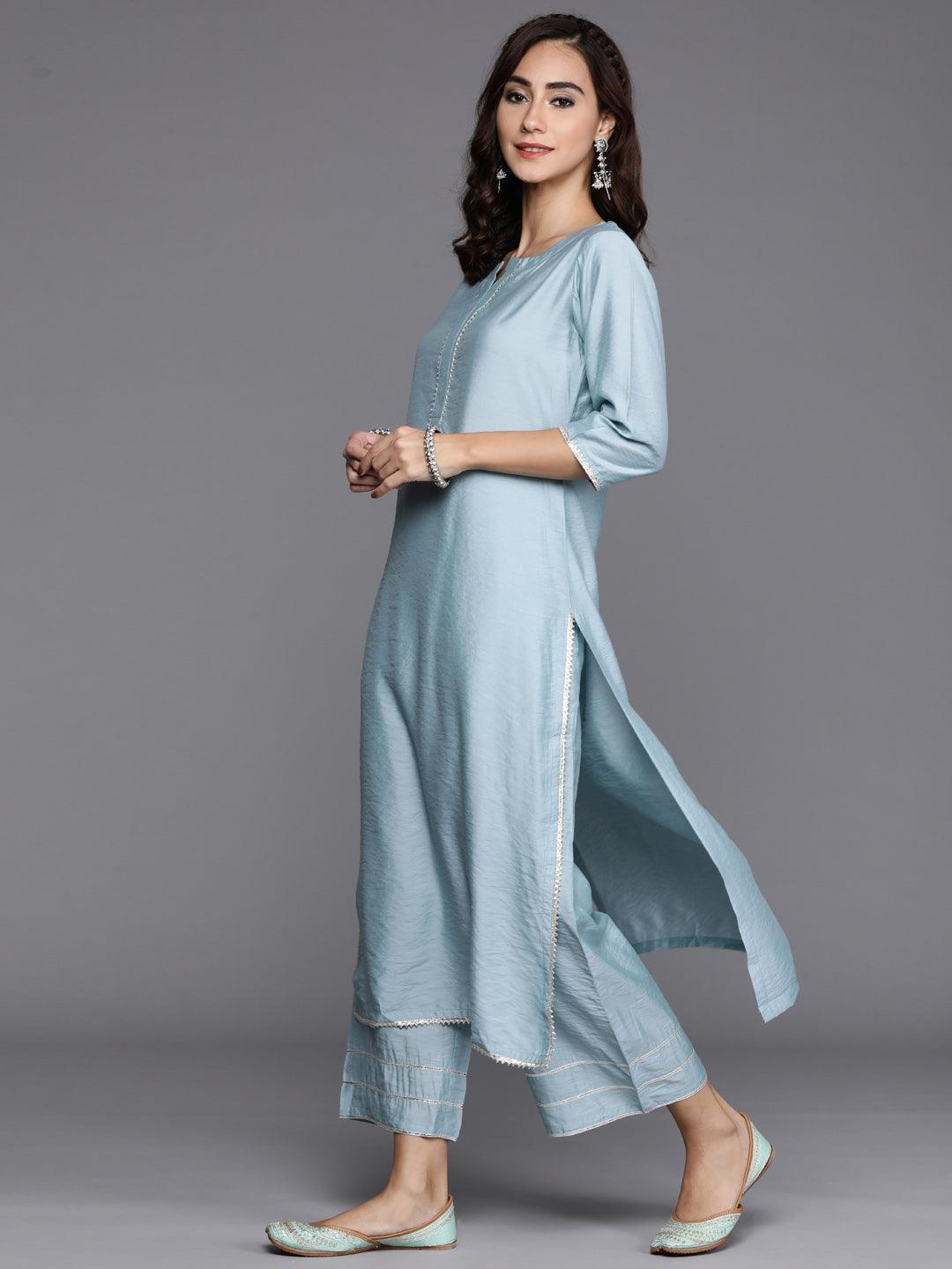 Grey Solid Silk Blend Straight Kurta With Palazzos & Dupatta