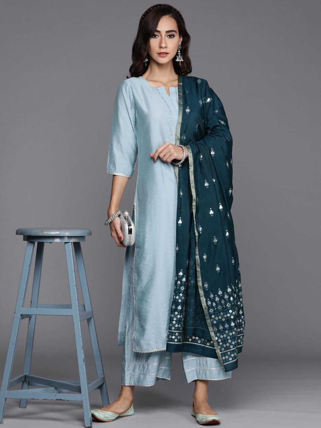 Grey Solid Silk Blend Straight Kurta With Palazzos & Dupatta