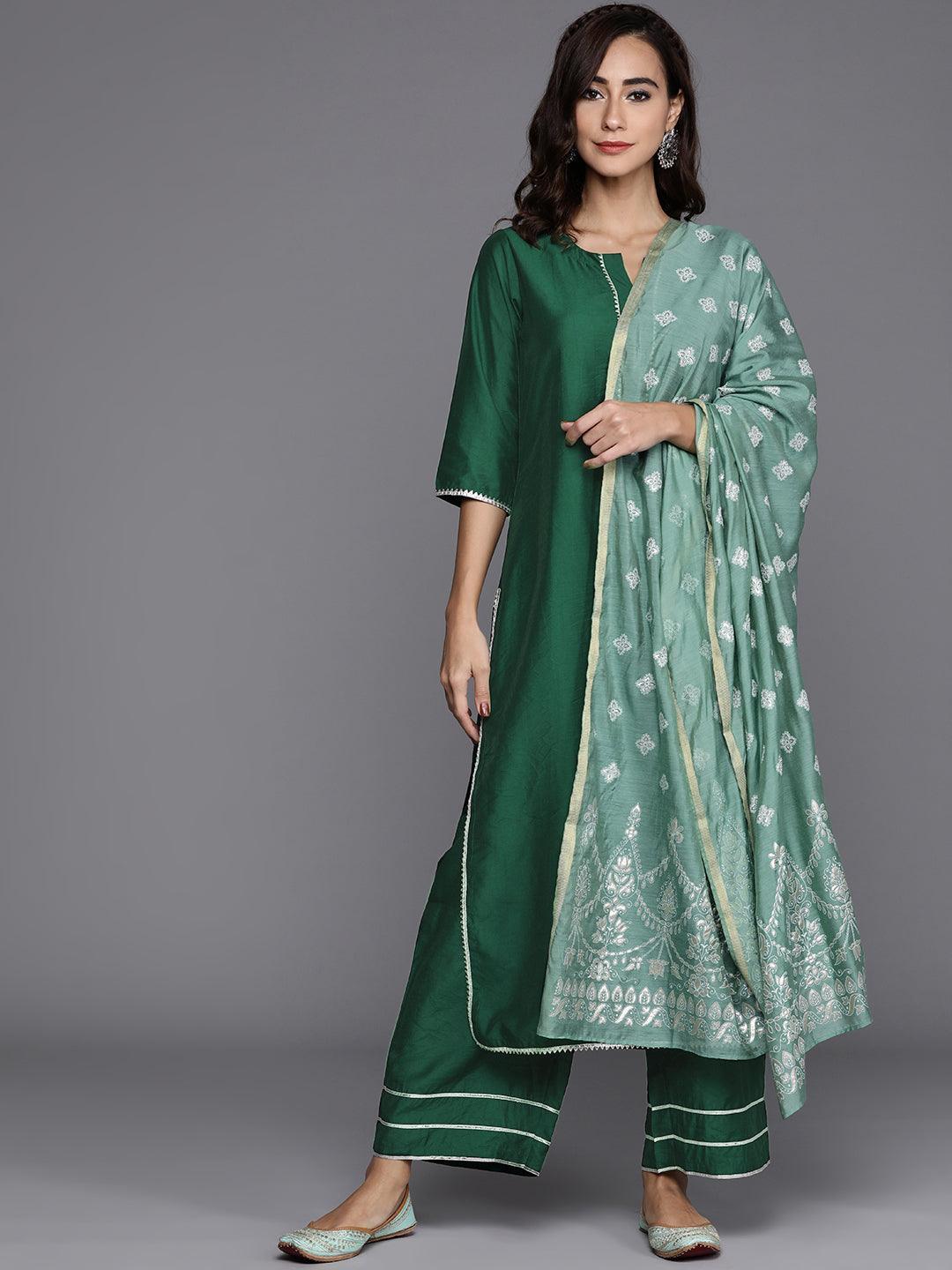 Green Solid Chanderi Silk Suit Set