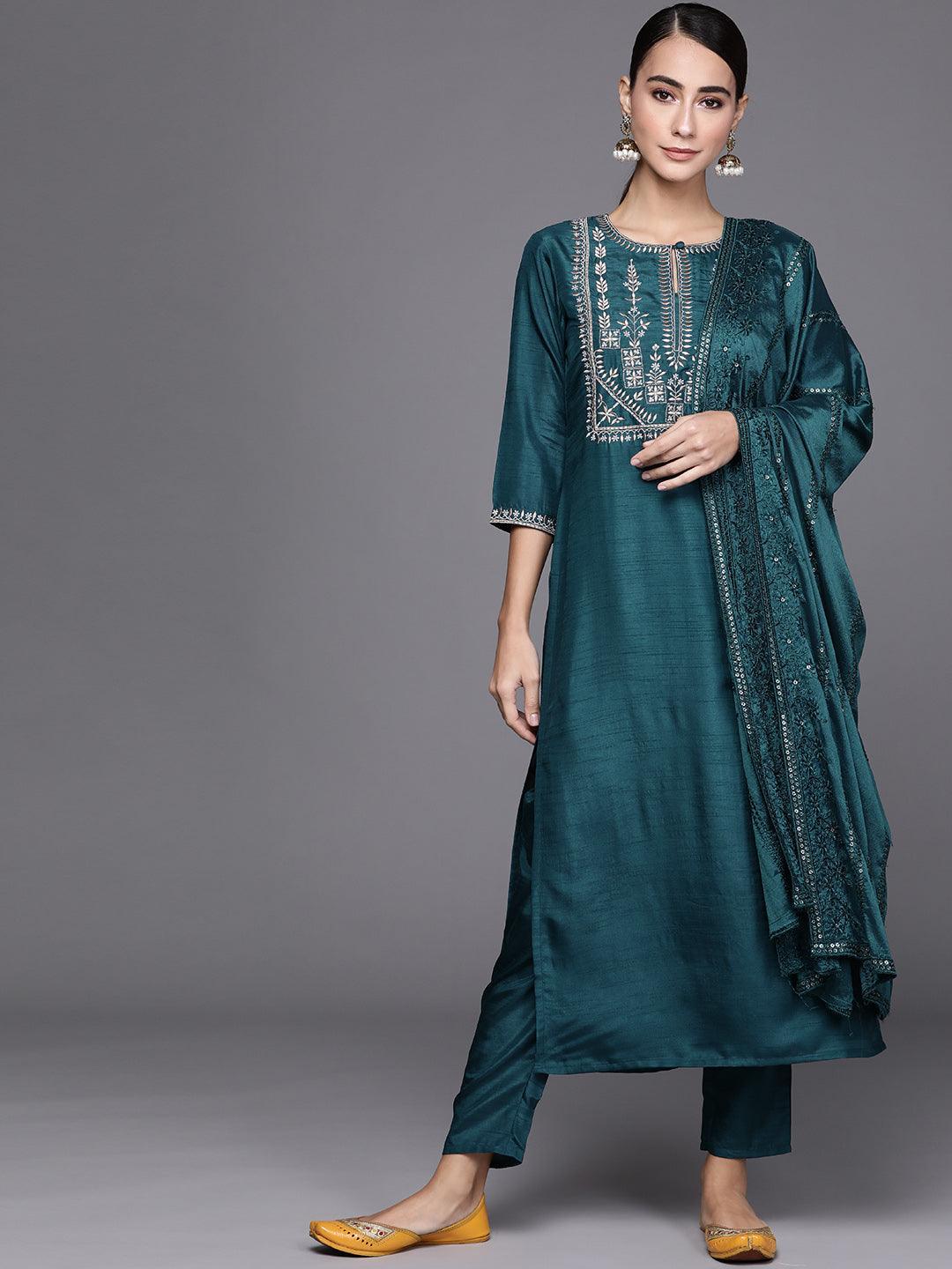 Blue Embroidered Silk Blend Suit Set