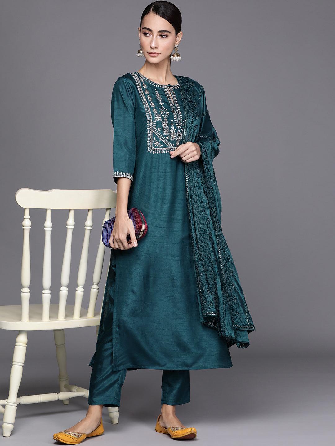 Blue Embroidered Silk Blend Suit Set