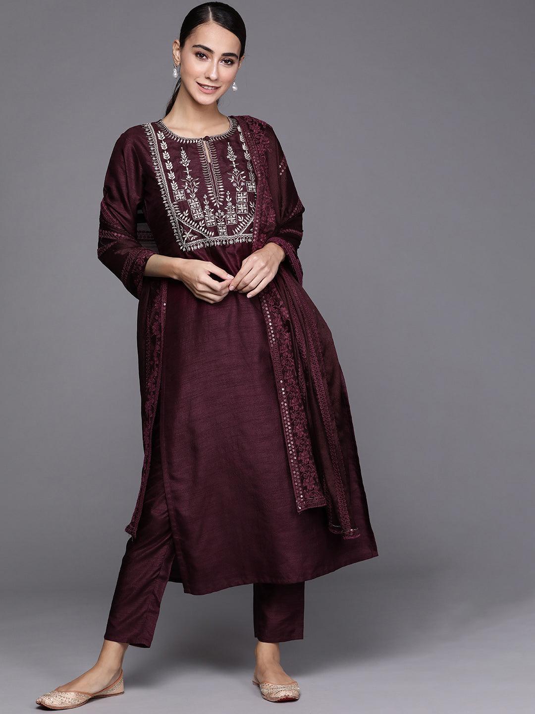 Purple Embroidered Silk Blend Suit Set