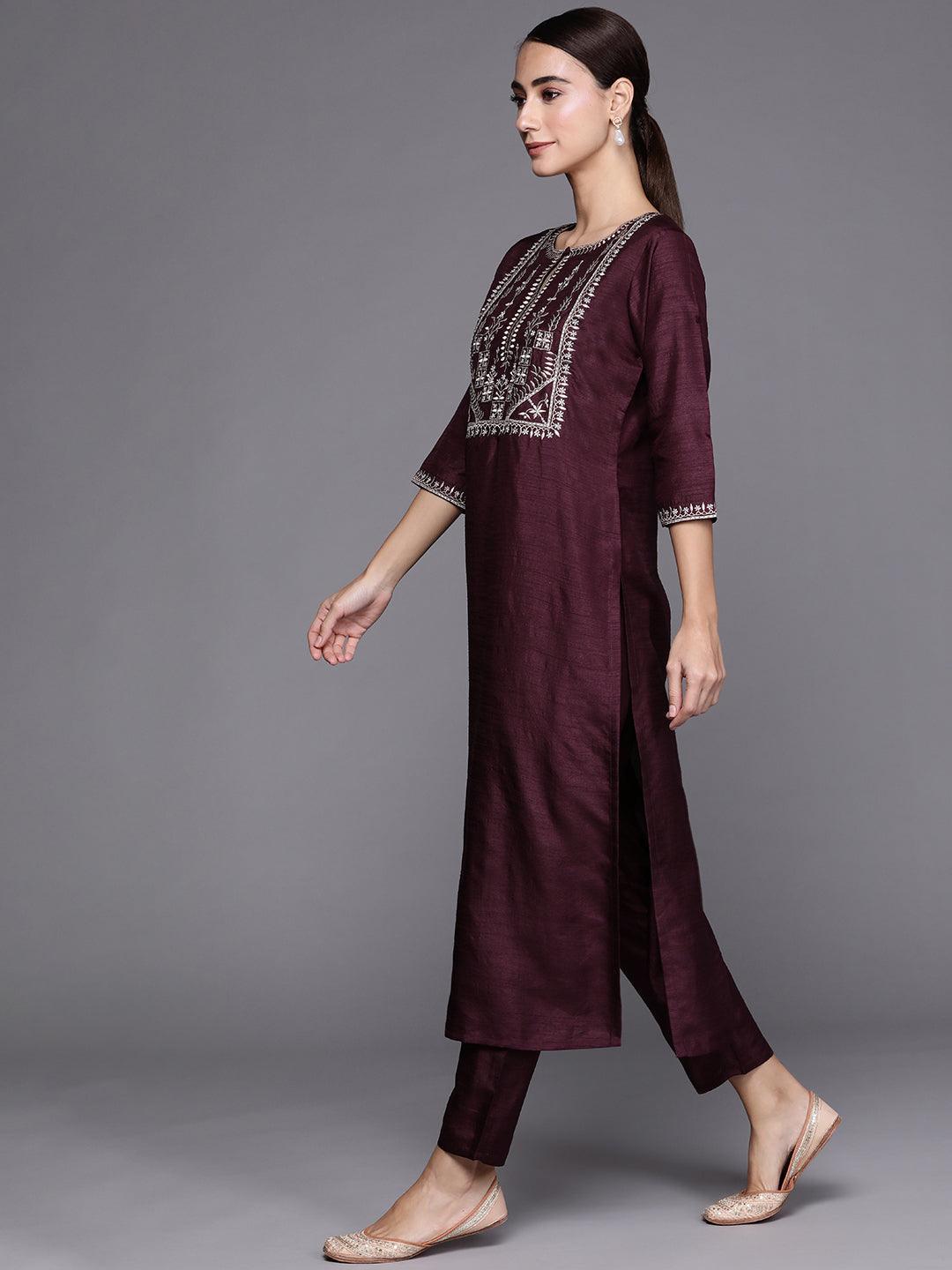 Purple Embroidered Silk Blend Suit Set - ShopLibas