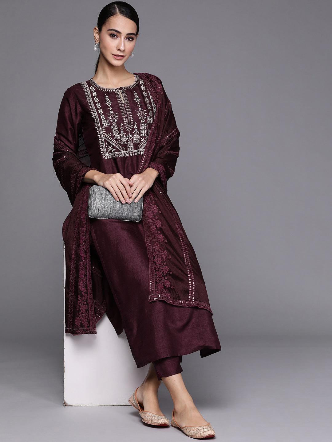 Purple Embroidered Silk Blend Suit Set