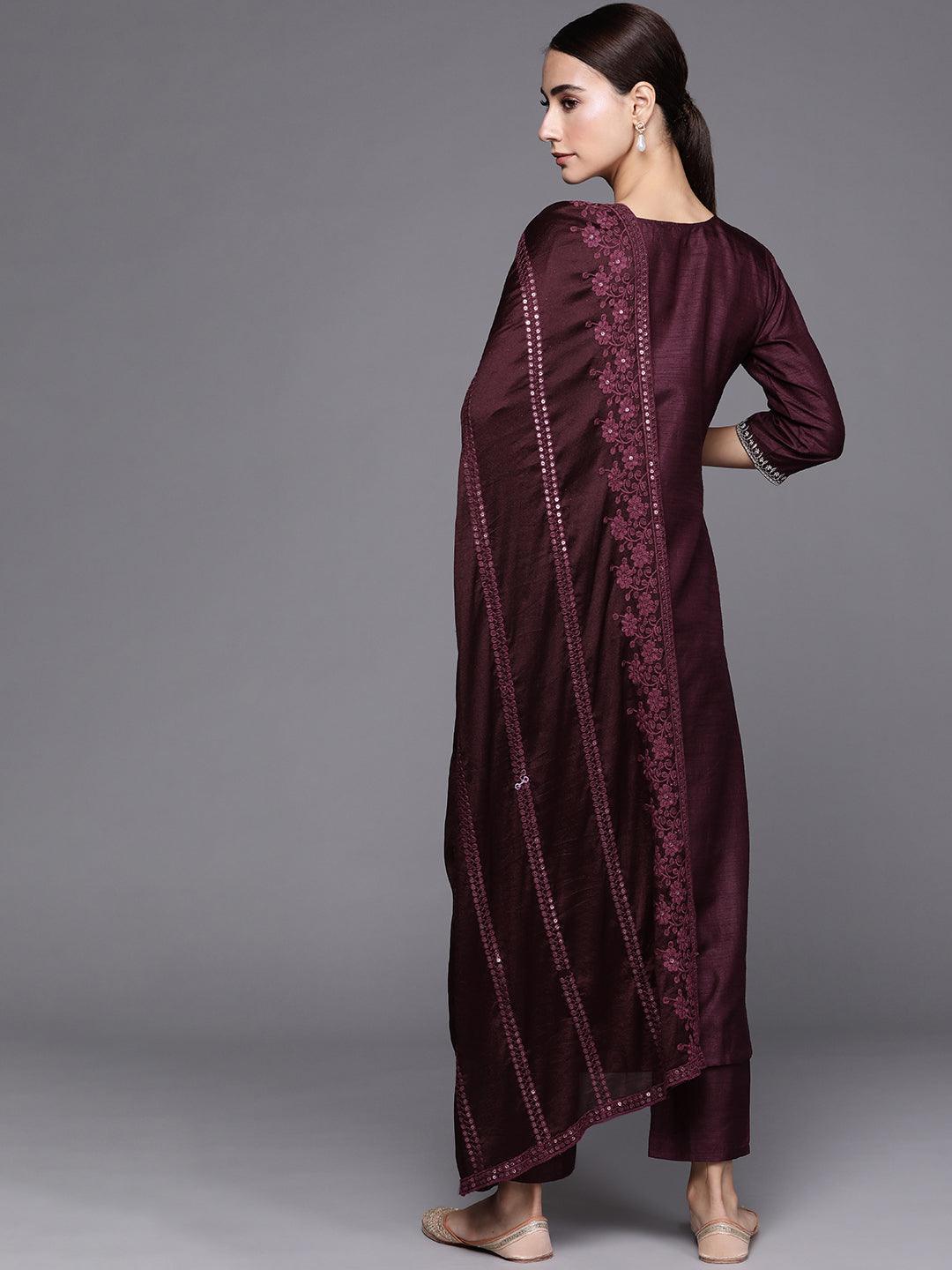 Purple Embroidered Silk Blend Suit Set