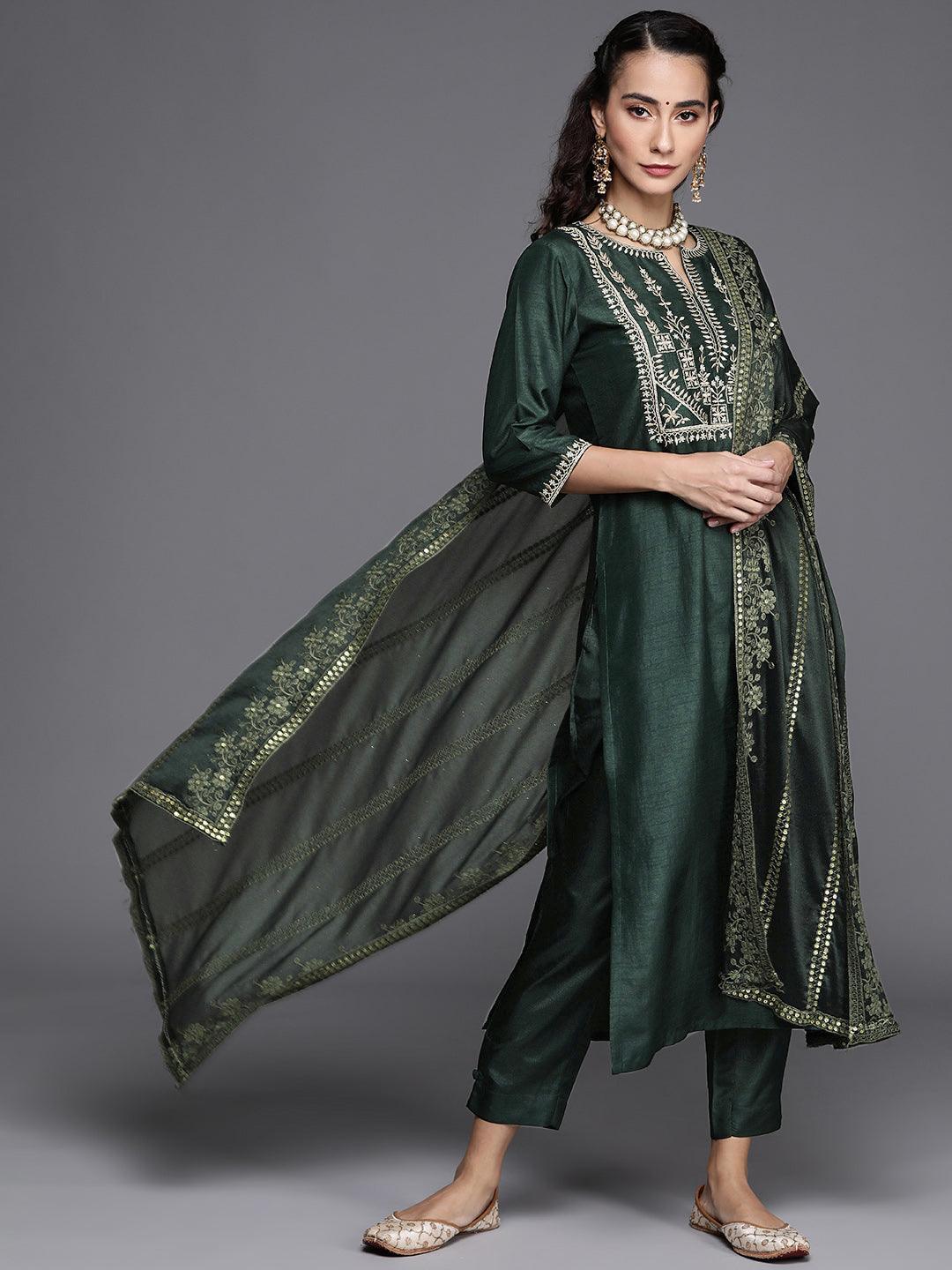 Green Embroidered Silk Blend Suit Set