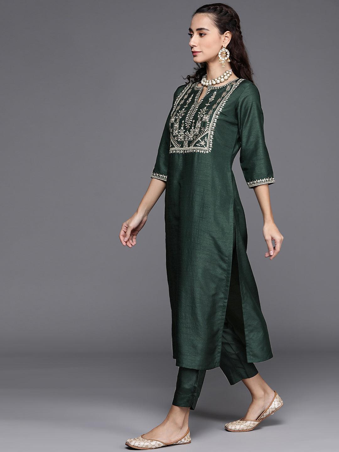 Green Embroidered Silk Blend Suit Set