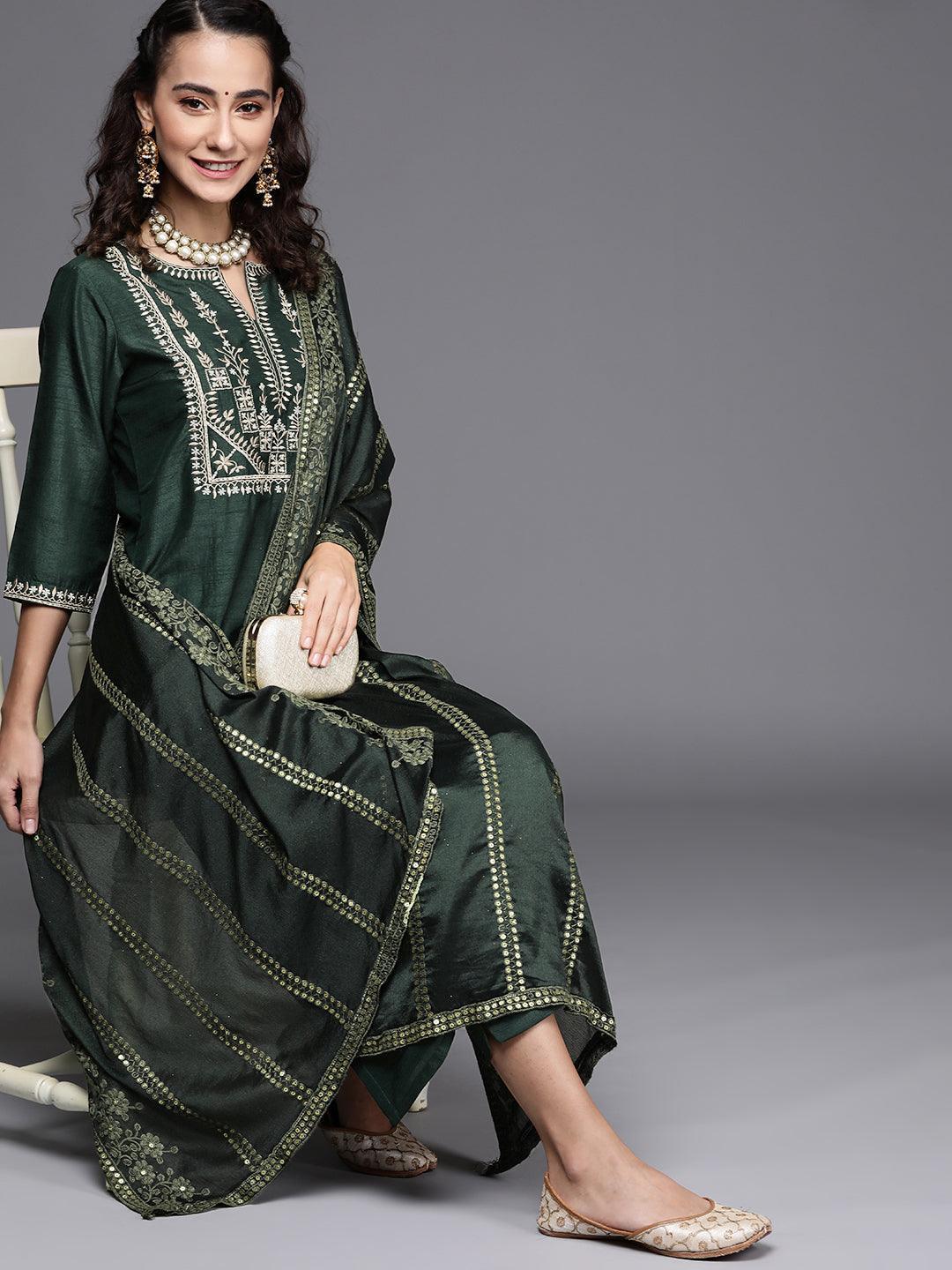 Green Embroidered Silk Blend Suit Set