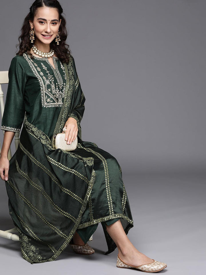 Green Embroidered Silk Blend Suit Set - ShopLibas