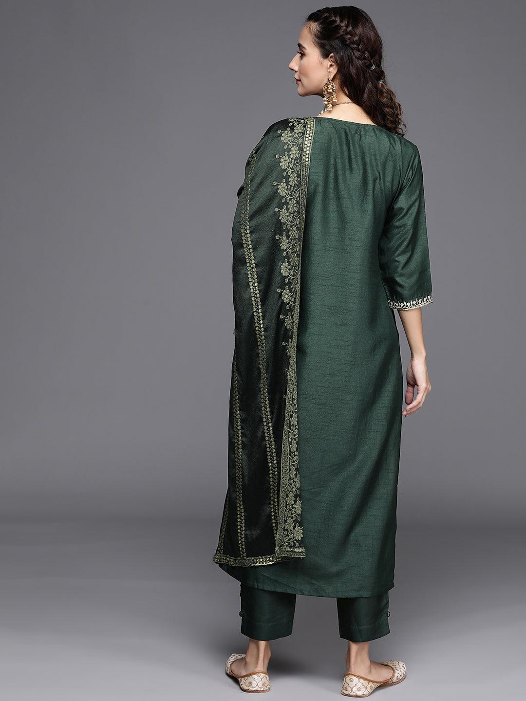 Green Embroidered Silk Blend Suit Set