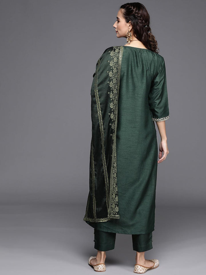 Green Embroidered Silk Blend Suit Set - ShopLibas