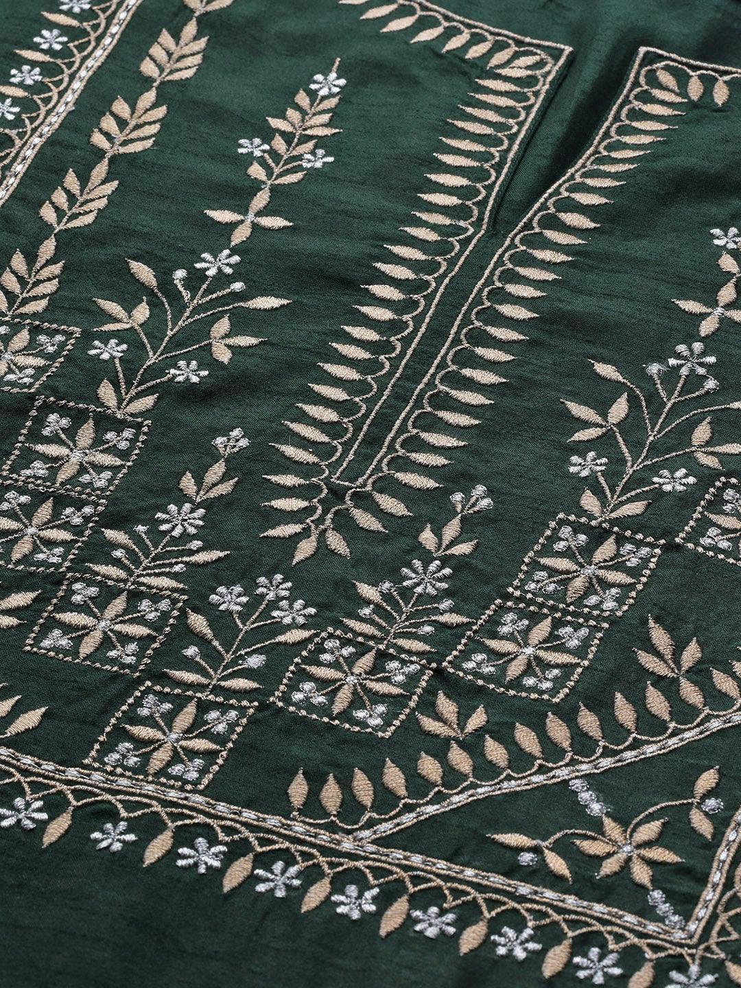 Green Embroidered Silk Blend Suit Set