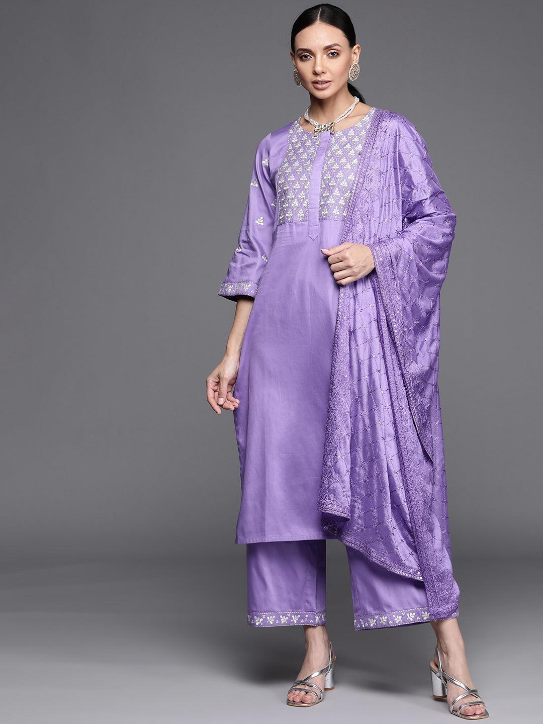 Lavender Embroidered Silk Blend Suit Set