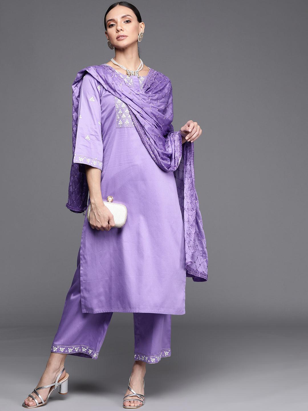 Lavender Embroidered Silk Blend Suit Set