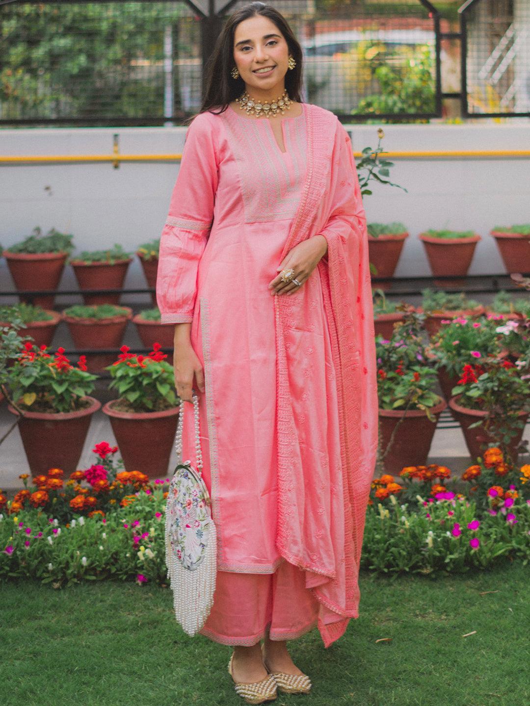 Pink Embroidered Silk Blend Suit Set