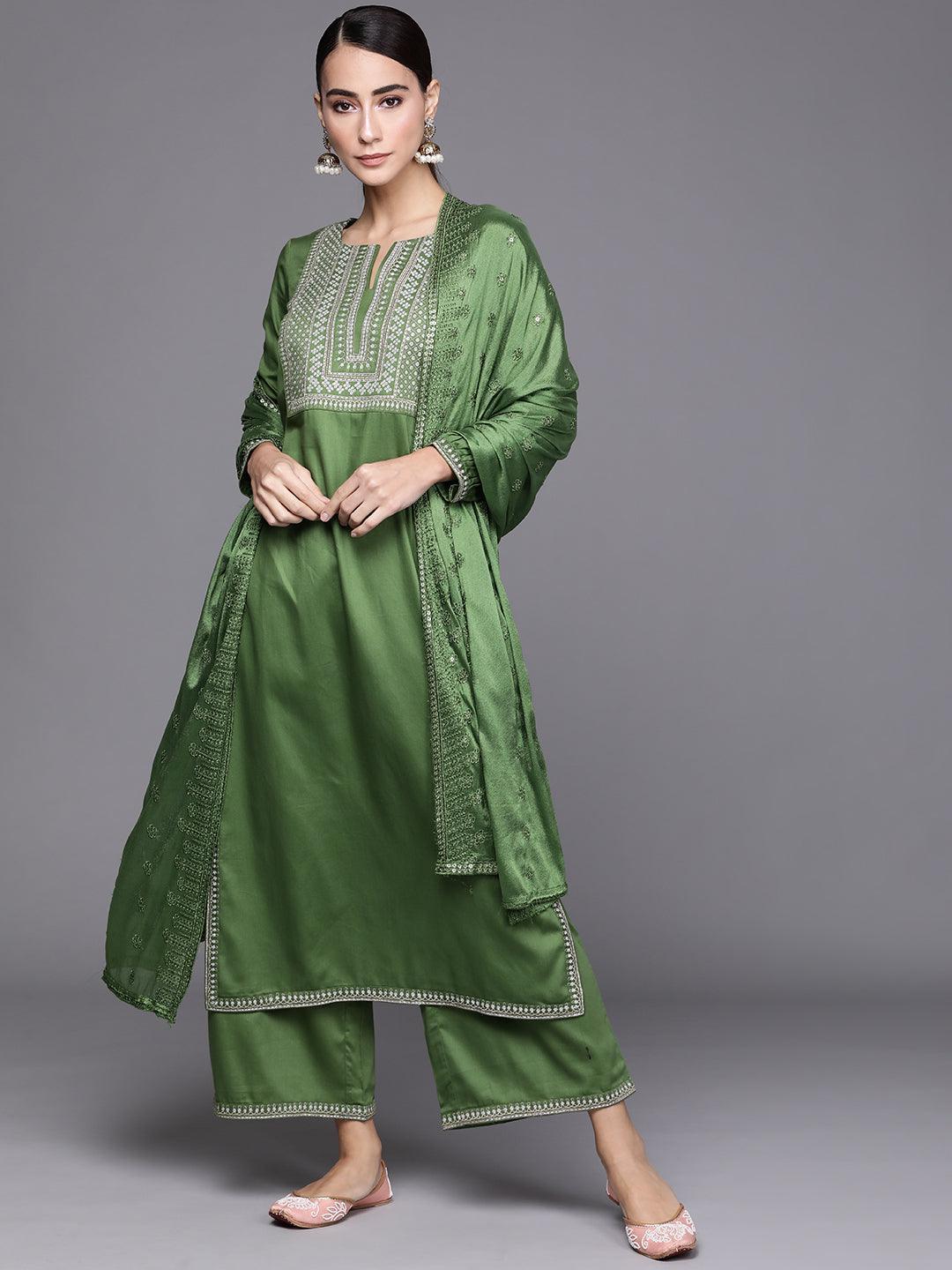 Green Embroidered Silk Blend Suit Set