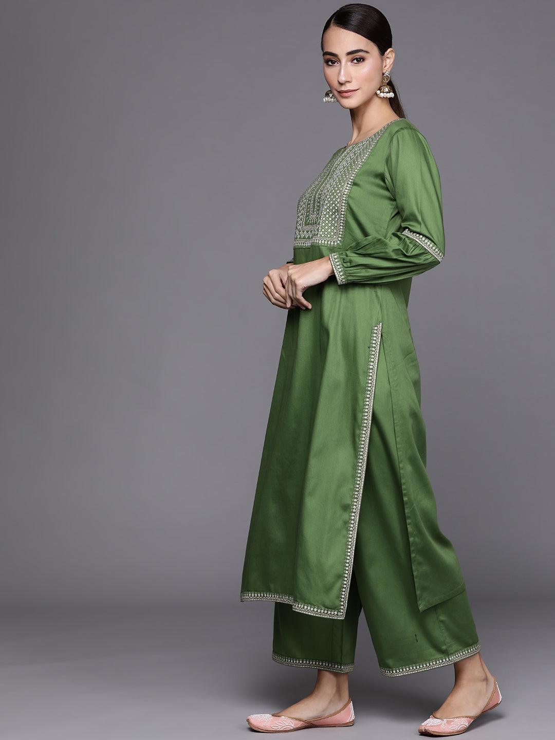 Green Embroidered Silk Blend Suit Set