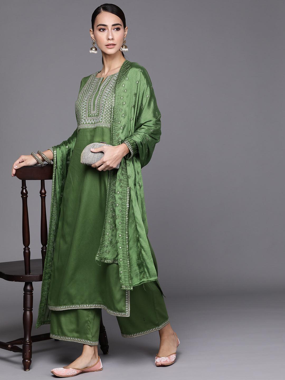 Green Embroidered Silk Blend Suit Set