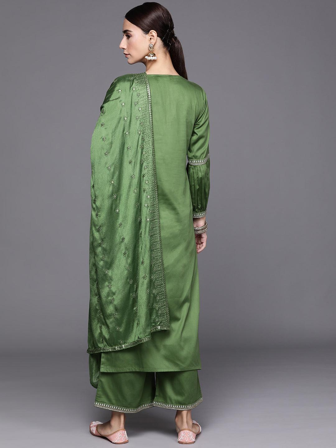 Green Embroidered Silk Blend Suit Set