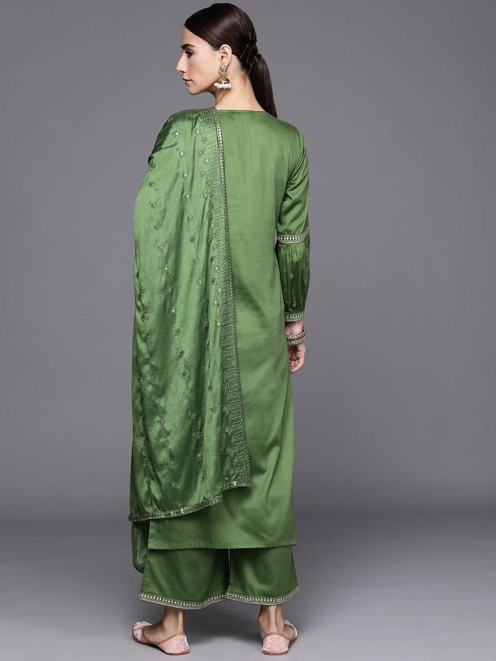 Green Embroidered Silk Blend Suit Set - ShopLibas