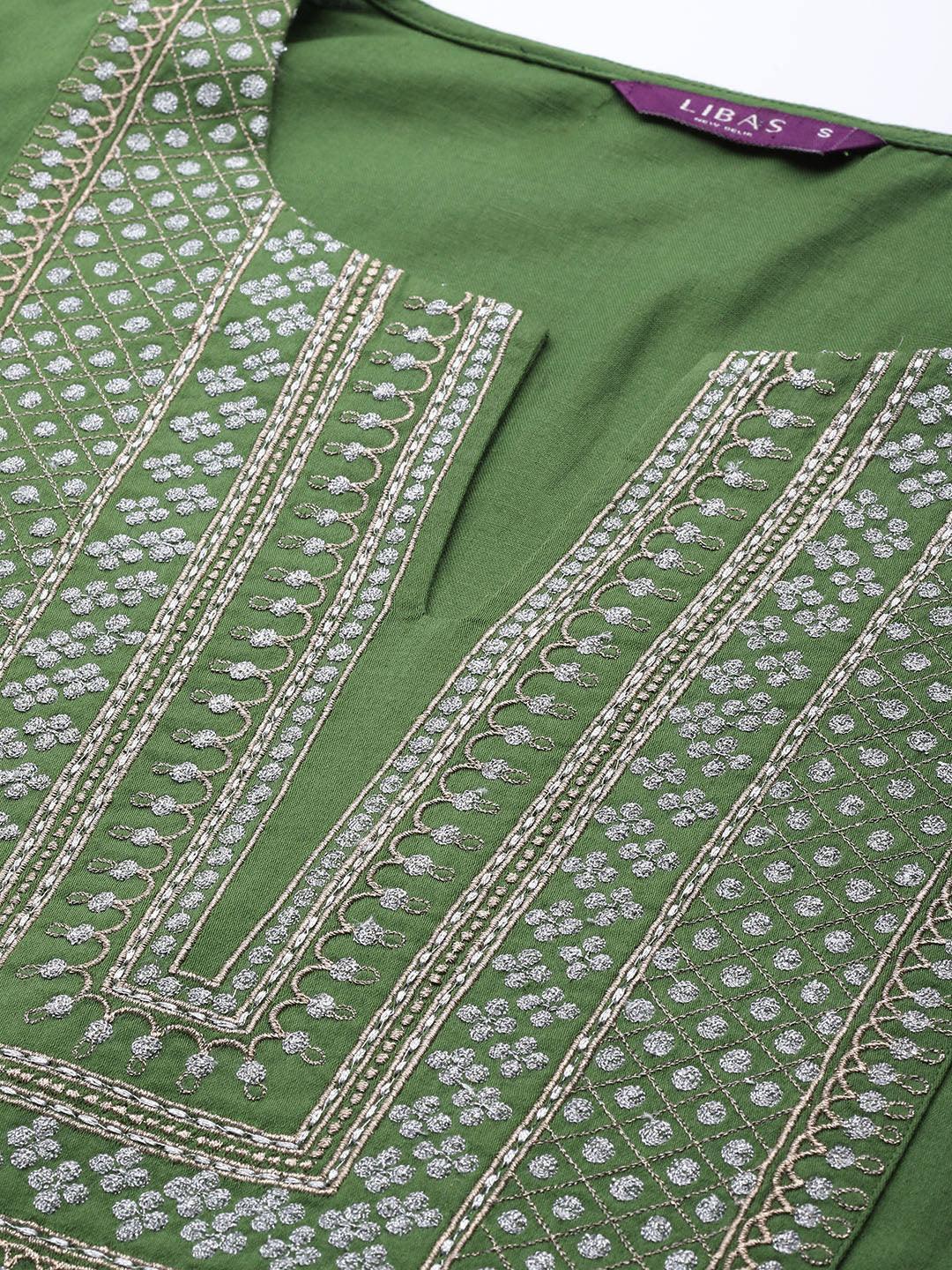 Green Embroidered Silk Blend Suit Set