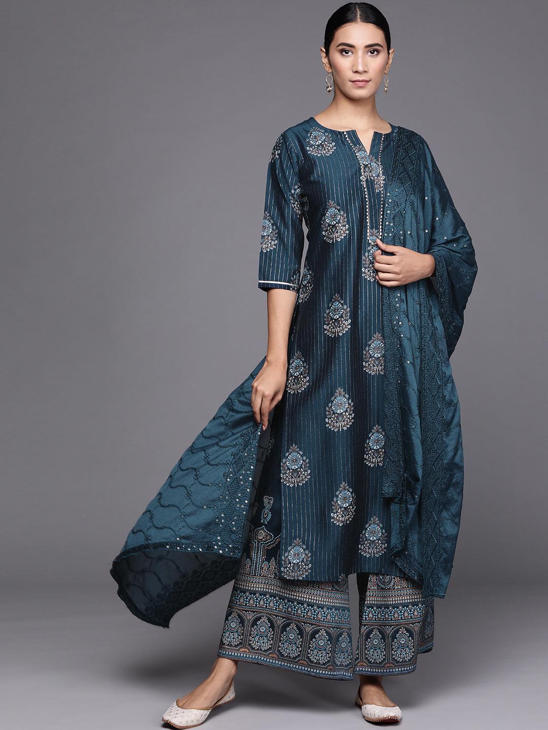 Blue Self Design Silk Blend Suit Set