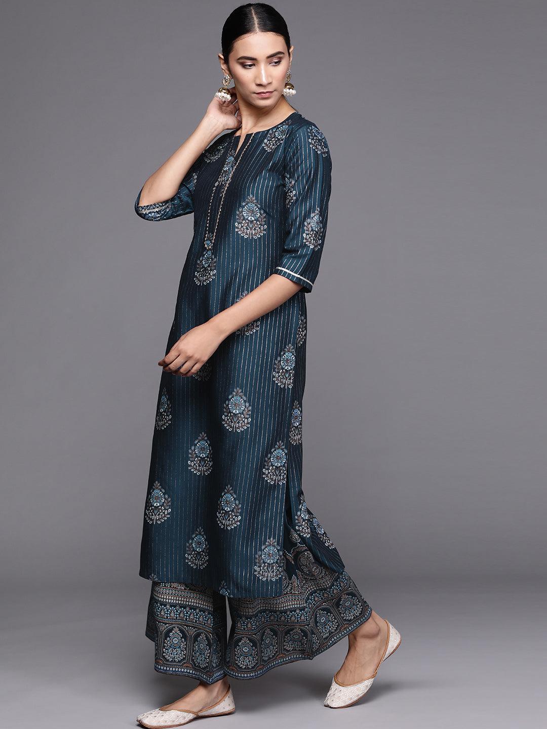 Blue Self Design Silk Blend Suit Set