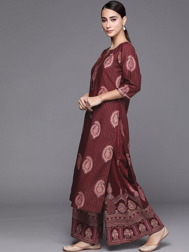 Maroon Self Design Silk Blend Suit Set - ShopLibas