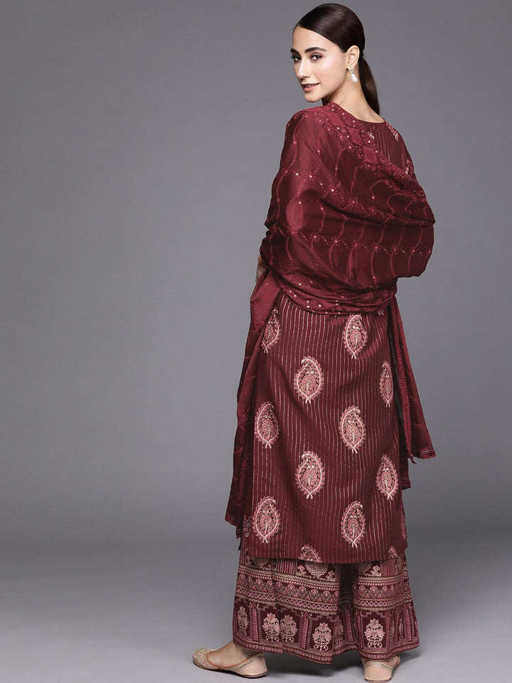 Maroon Self Design Silk Blend Suit Set - ShopLibas