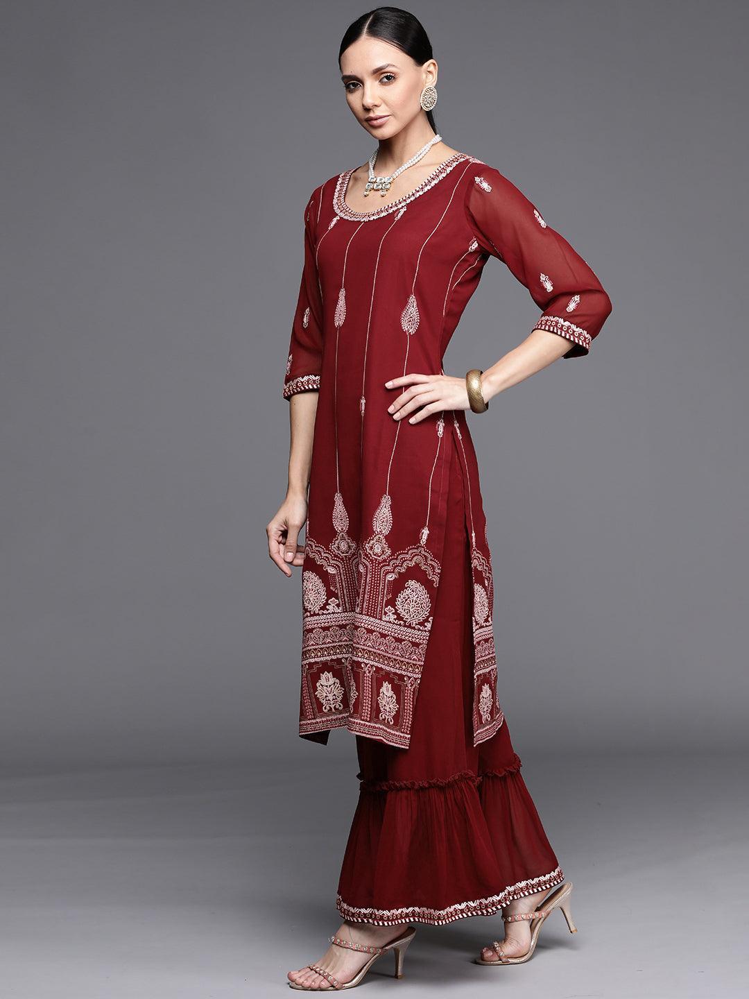 Maroon Printed Georgette Suit Set - ShopLibas