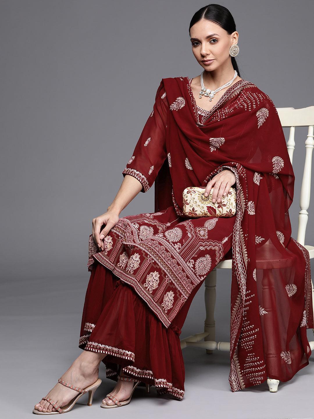 Maroon Printed Georgette Suit Set