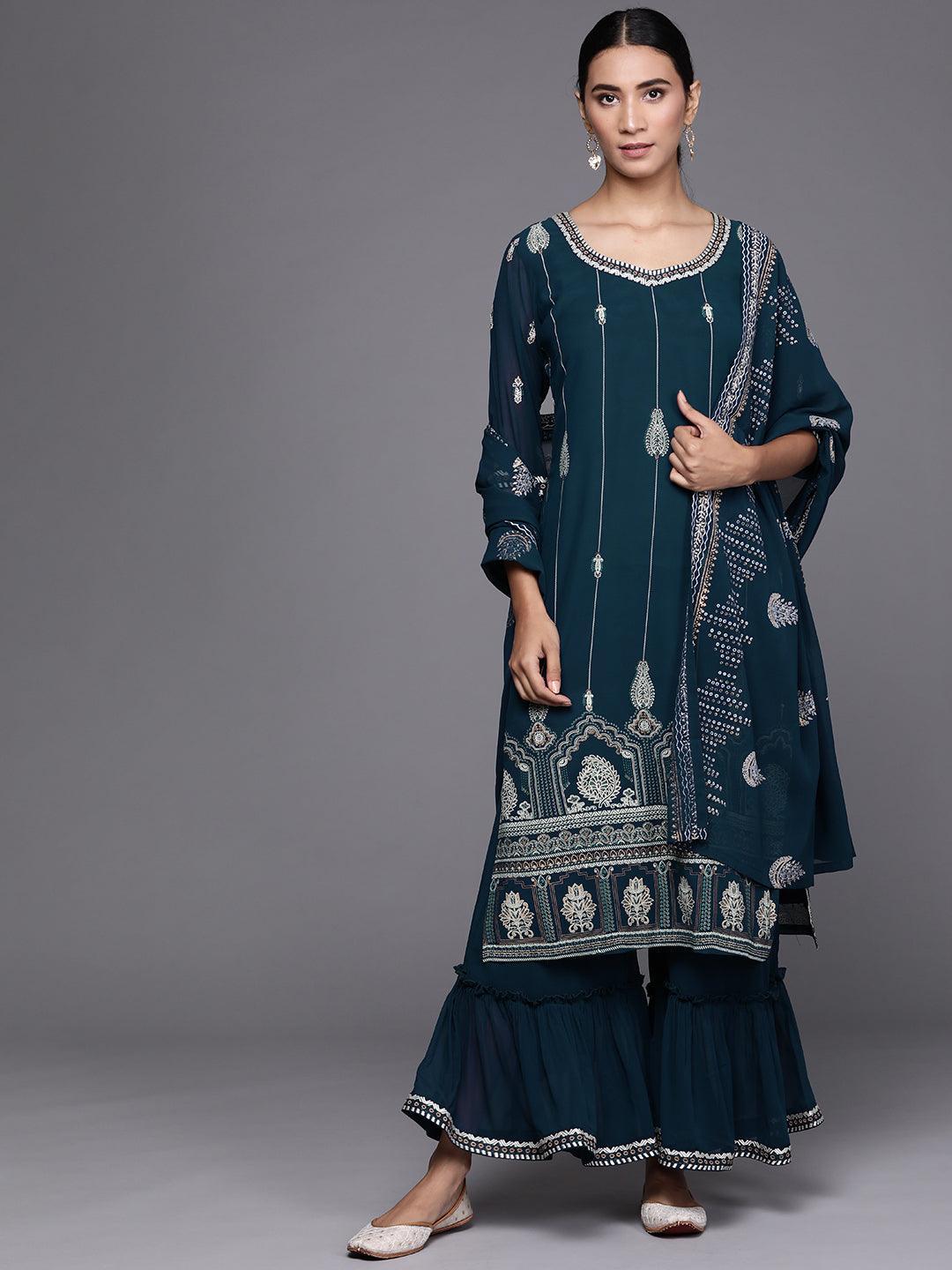 Teal Printed Georgette Suit Set