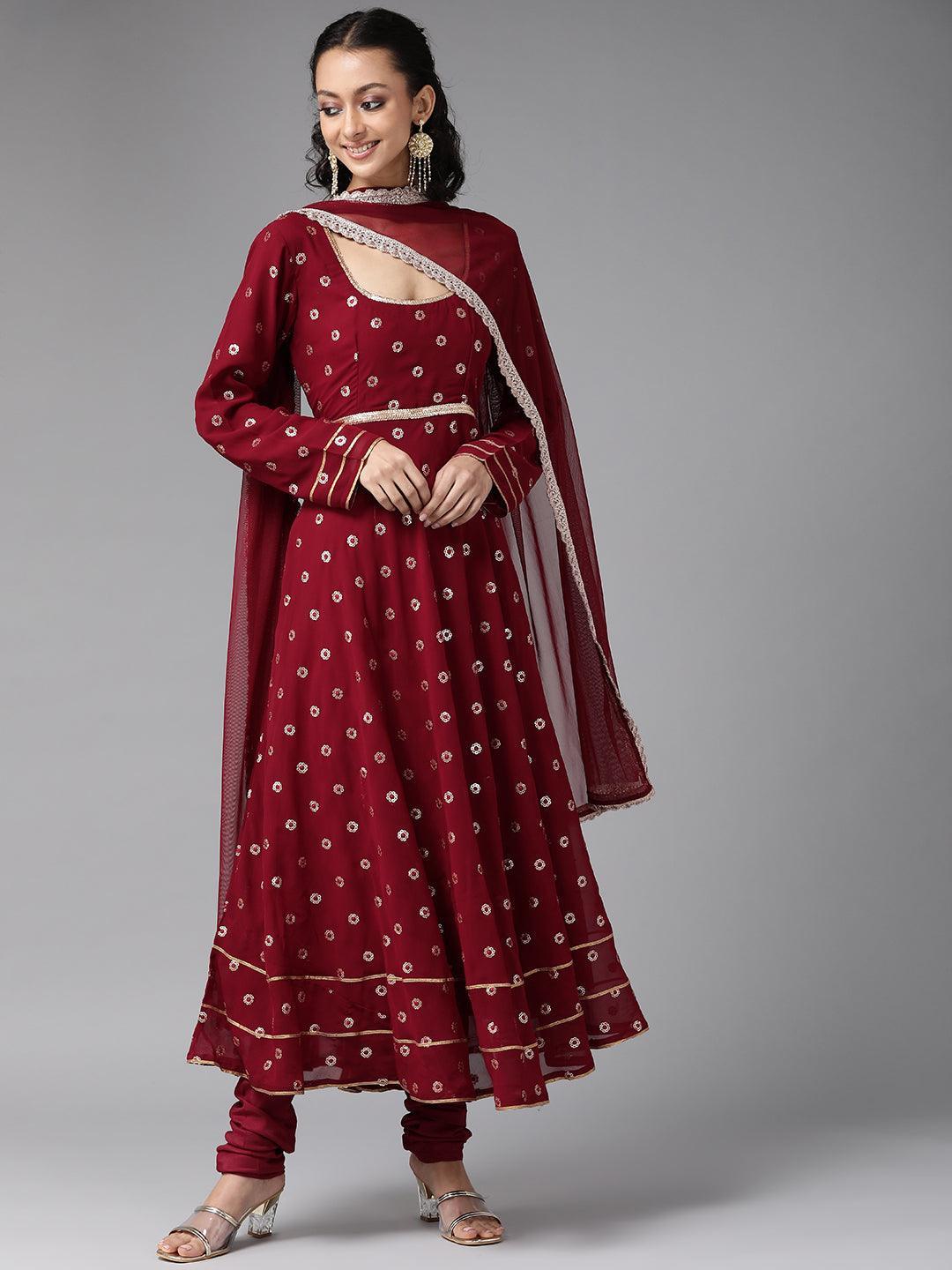 Maroon Embroidered Georgette Suit Set