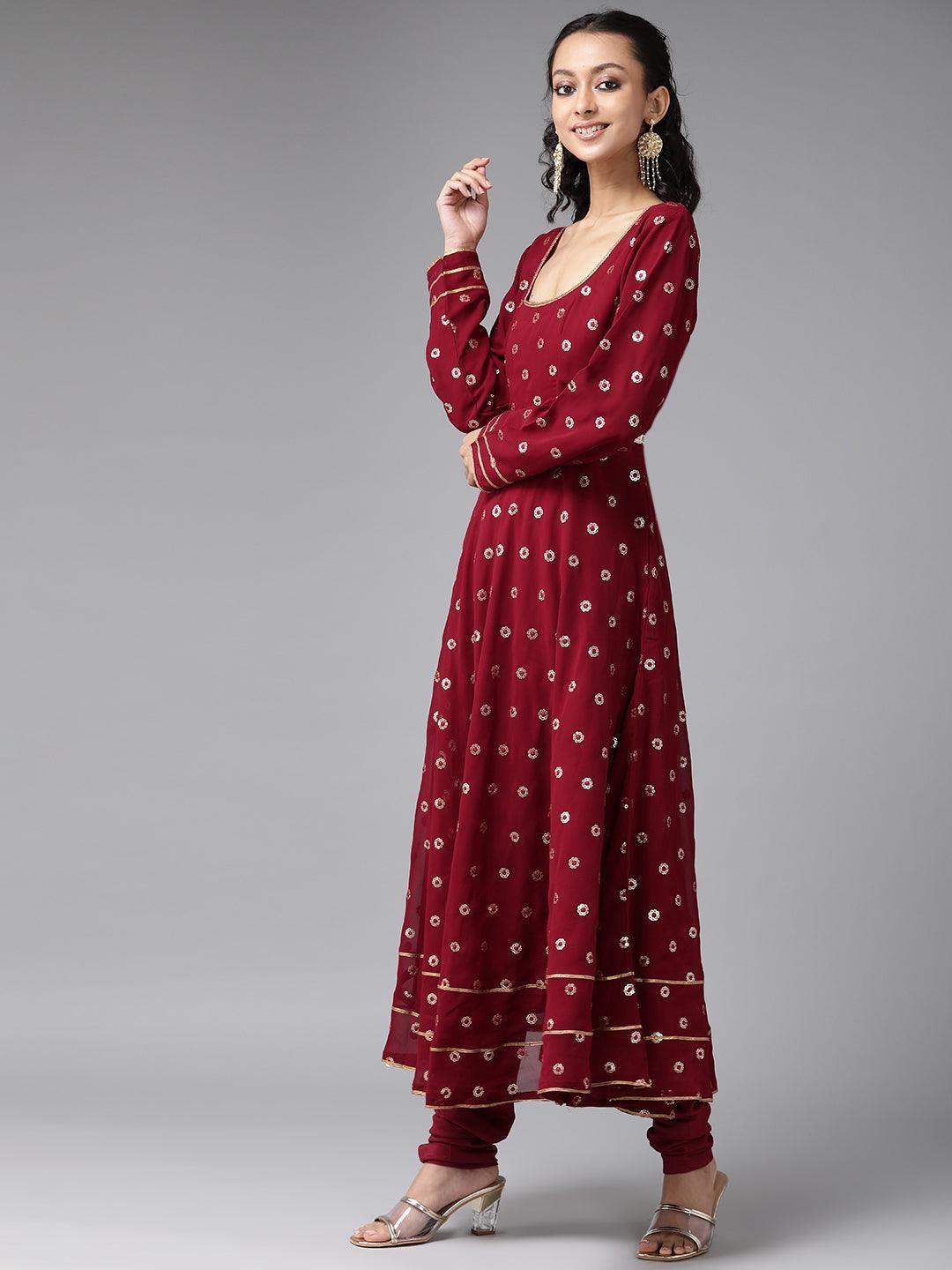 Maroon Embroidered Georgette Suit Set