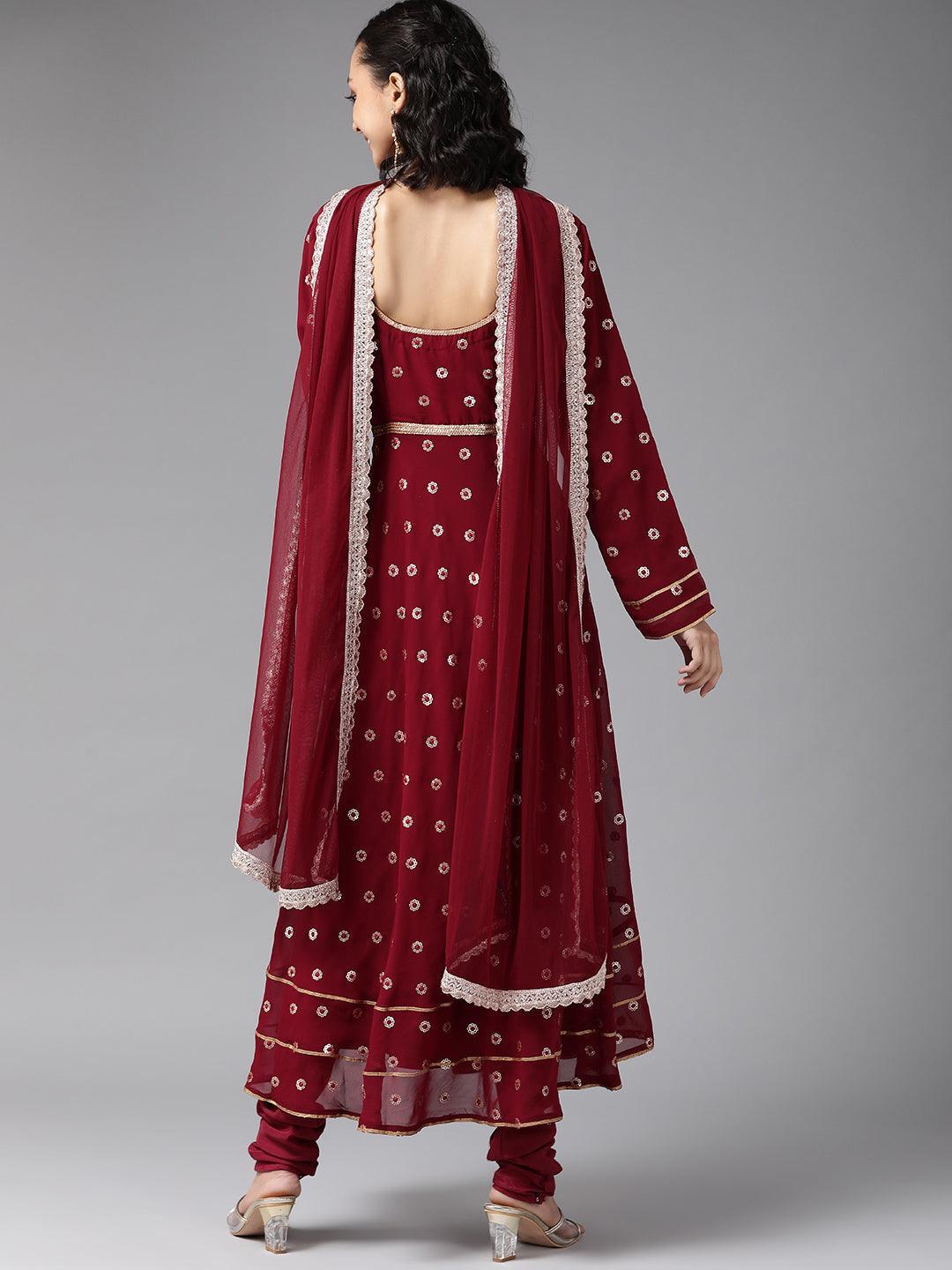 Maroon Embroidered Georgette Suit Set