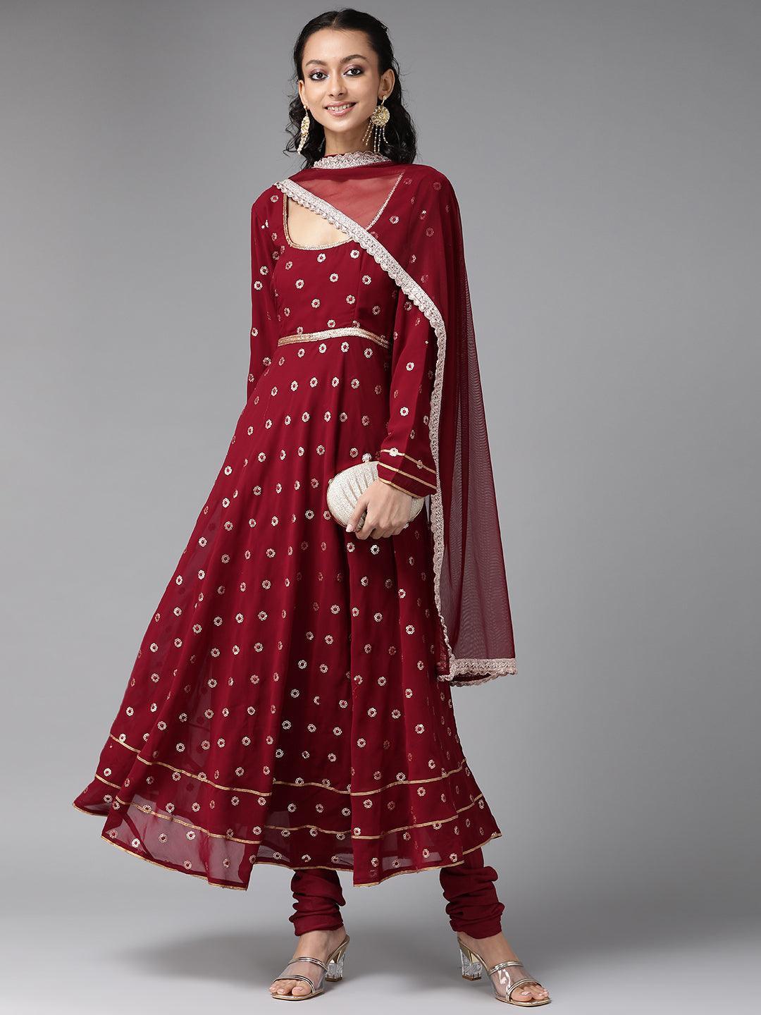 Maroon Embroidered Georgette Suit Set