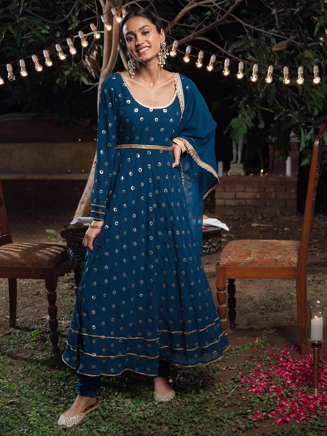 Blue Embroidered Georgette Suit Set