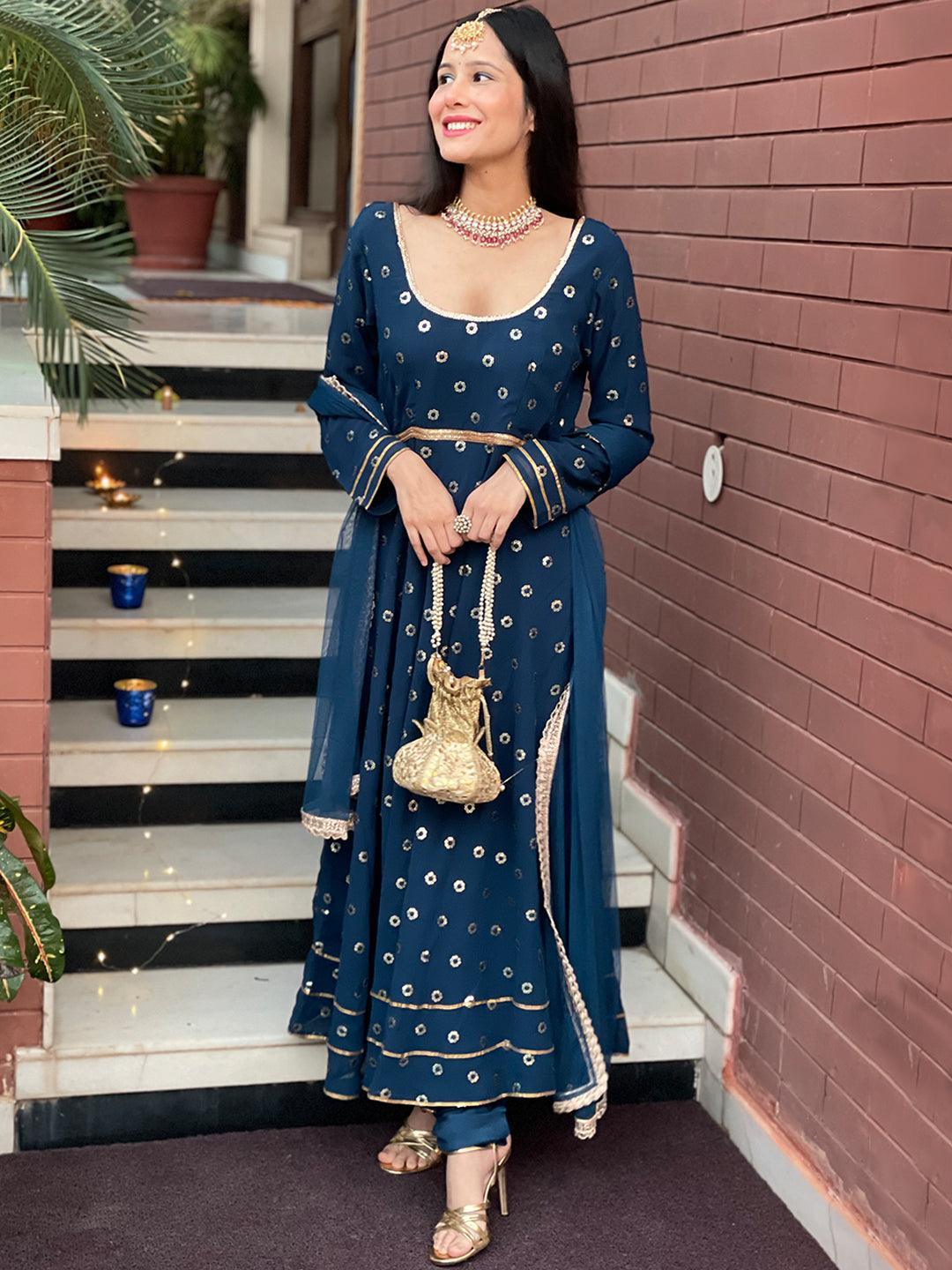 Blue Embroidered Georgette Suit Set