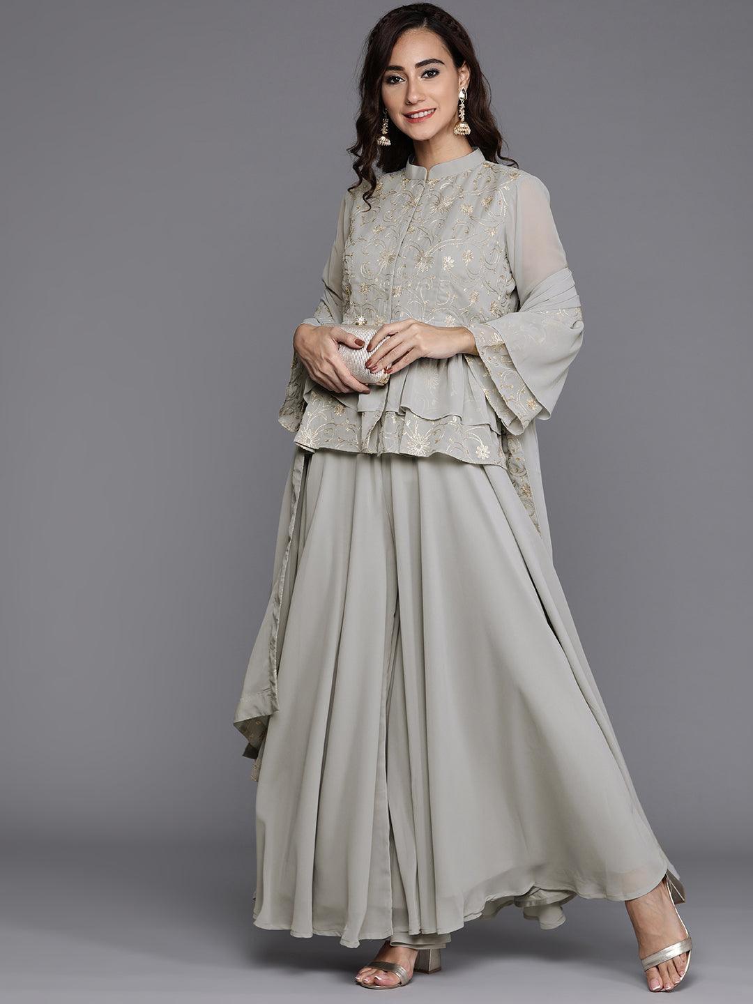 Grey Embroidered Georgette Suit Set