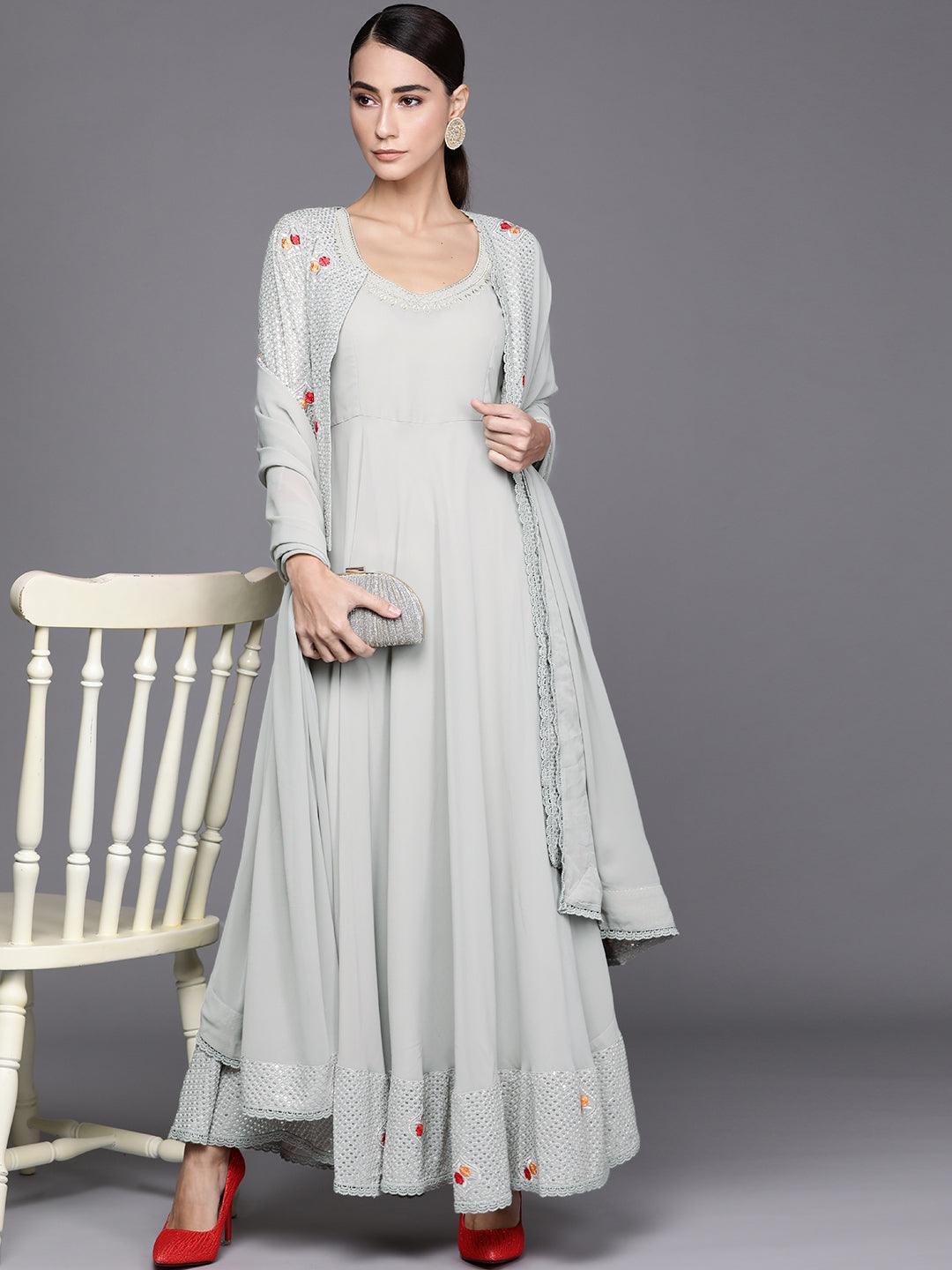 Grey Embellished Georgette Jacket Dress With Dupatta