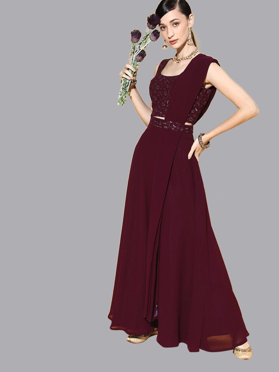 Burgundy Embroidered Georgette Lehenga Set