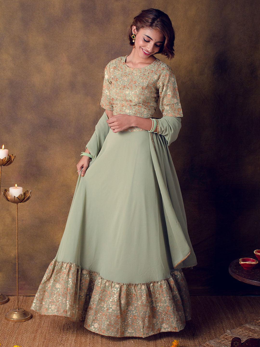 Sea Green Embroidered Georgette Lehenga Choli