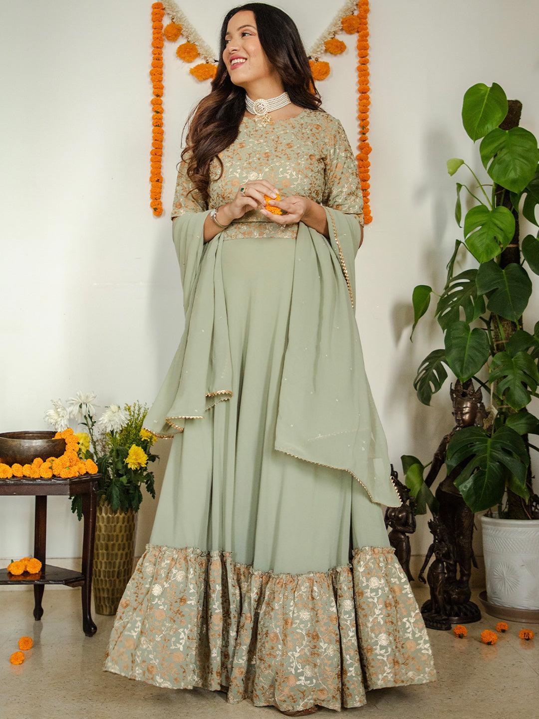 Sea Green Embroidered Georgette Lehenga Choli