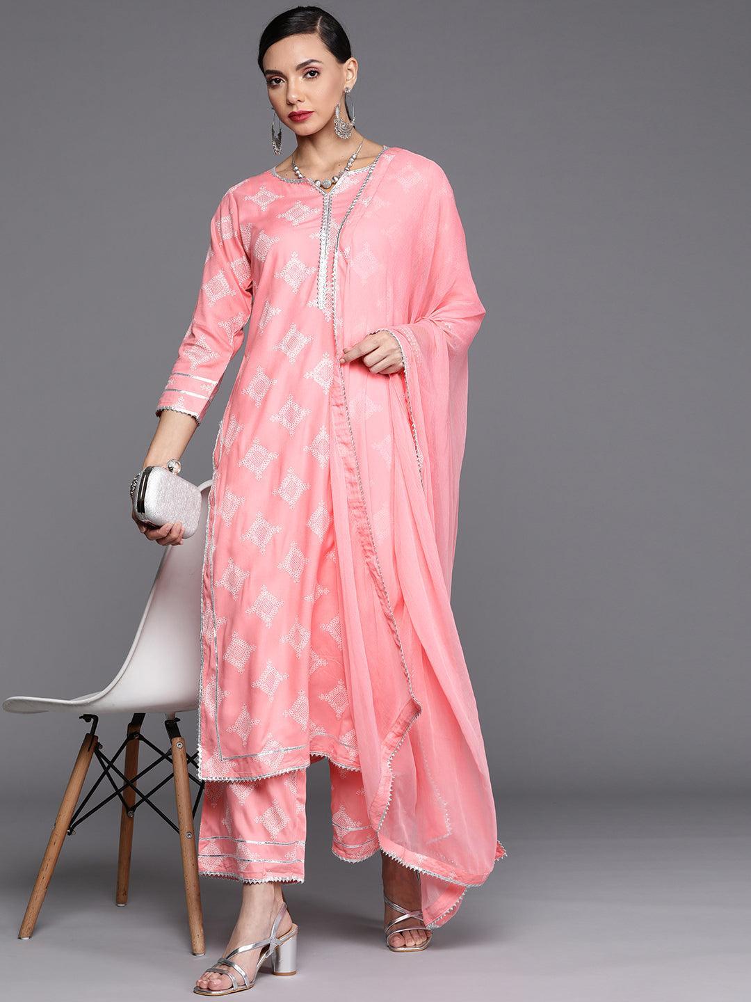 Pink Printed Viscose Rayon Suit Set