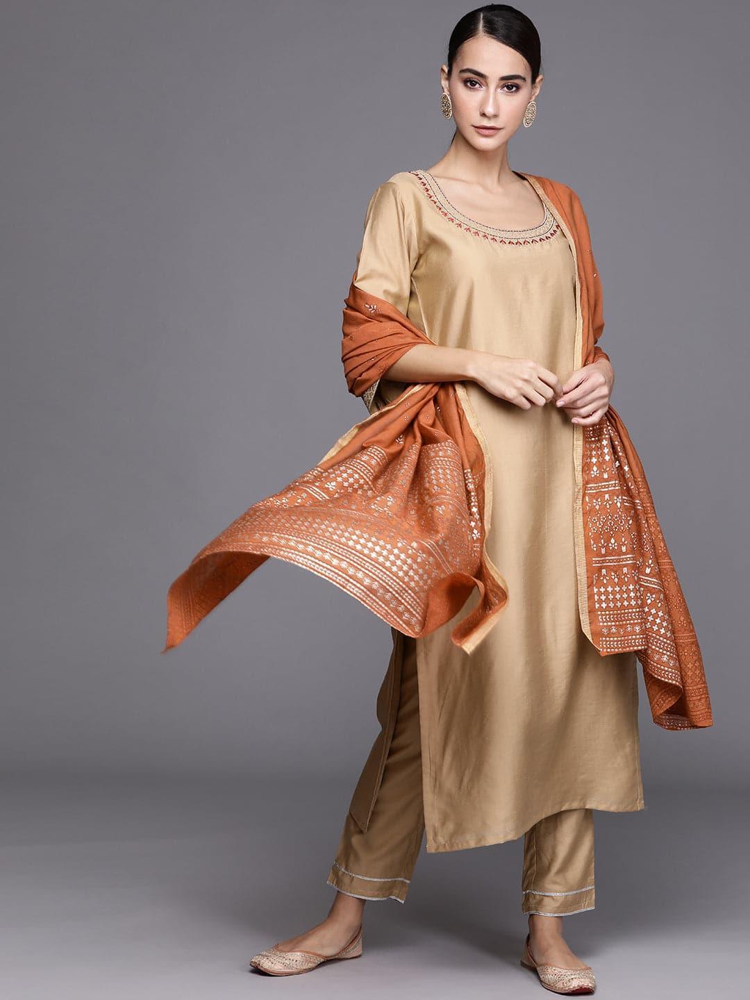 Beige Solid Chanderi Silk Suit Set - ShopLibas